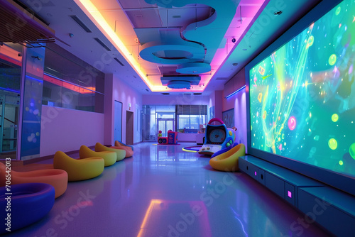 A playroom with an interactive touch screen wall for educational games and activities