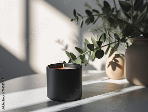 Black matte aroma organic candle jar ceremic mockup with blank label for branding, minimal design packaging photo