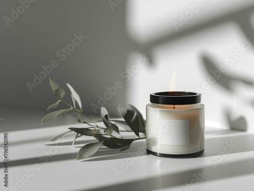 Organic white aroma candle jar glass mockup with blank label for branding, minimal design packaging photo