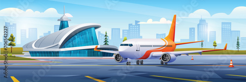 International airport building with airplane and city landscape background vector cartoon illustration