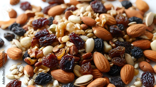 A mix of nuts and dried fruits on a white background, a close-up photo