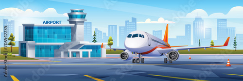 International airport building with airplane on cityscape background. Vector cartoon illustration photo
