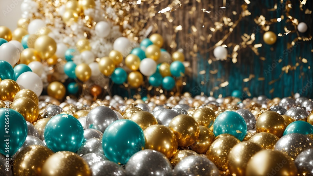 bouquet of gold and silver balloons with confetti, bouquet of gold and silver balloons with confetti,