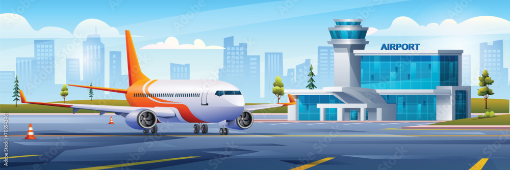 International airport building with airplane on cityscape background vector cartoon illustration