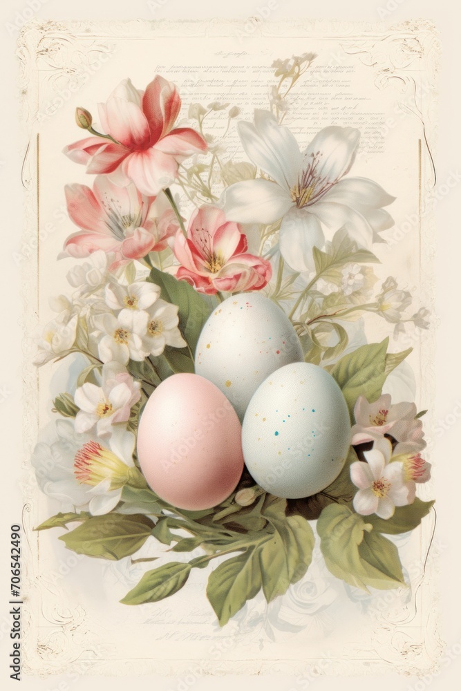 Vintage Easter postcard with pastel eggs and flowers