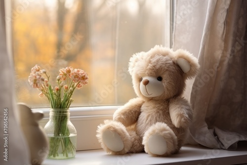 Plush teddy bear with flowers on sunny window sill photo