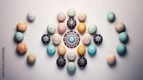 Pastel Easter eggs laid out in mandala pattern creatively