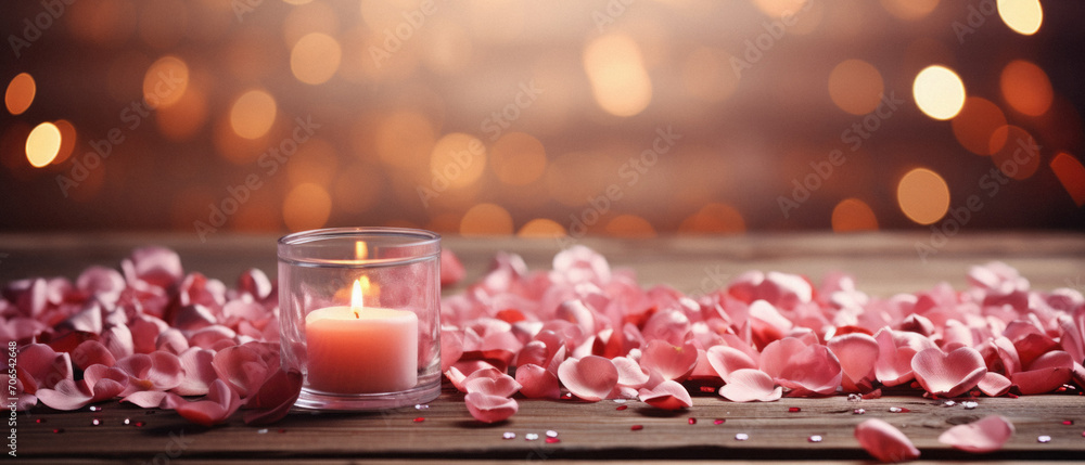 Candle and rose petals on wooden table with bokeh background. - obrazy, fototapety, plakaty 