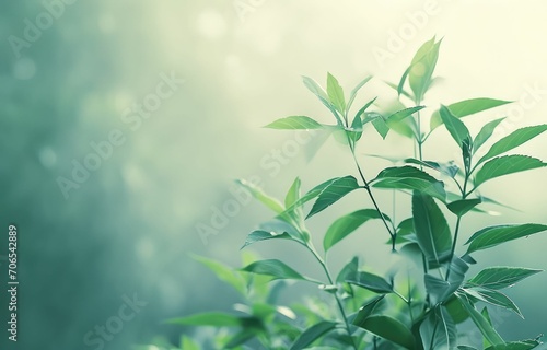 Serenity in Nature  Lush green plant with vibrant leaves against a hazy sky backdrop