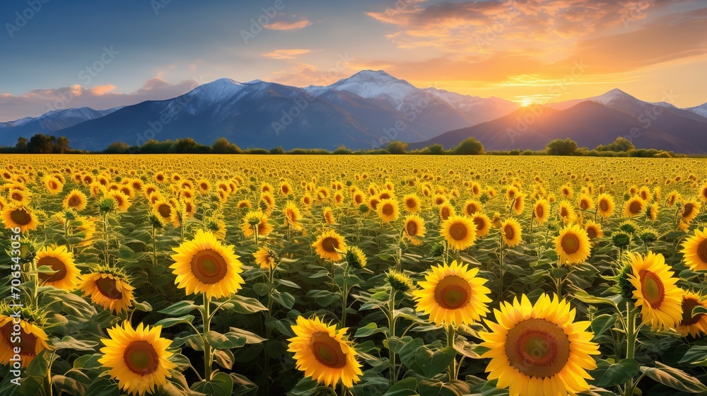 Obraz premium Sunflower Field Against Mountain Backdrop - AI Generated