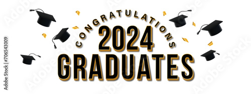 Graduation Banner Design with Black Text - Shiny Confetti and Tossed Graduate Caps - Congratulations 2024 Graduates photo