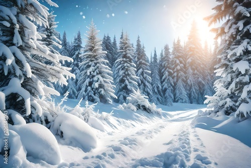 Snowfall in winter forest.Beautiful landscape with snow covered fir trees and snowdrifts.Merry Christmas and happy New Year greeting background with copy-space.Winter fairytale. 