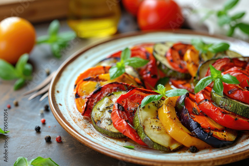 A beautifully arranged plate of ratatouille, a medley of colorful vegetables cooked to perfection
