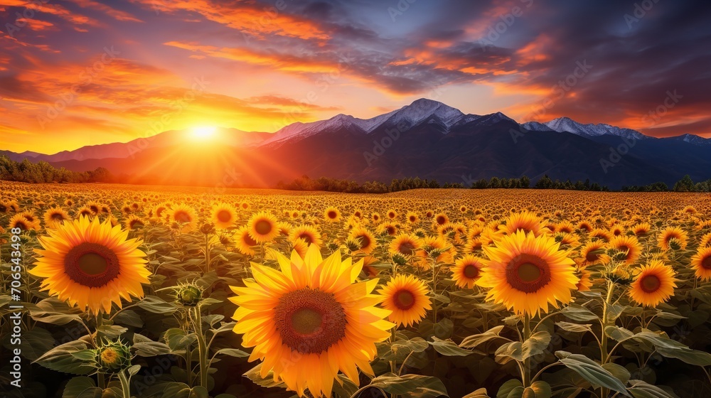 Fototapeta premium Sunflower Field Against Mountain Backdrop - AI Generated