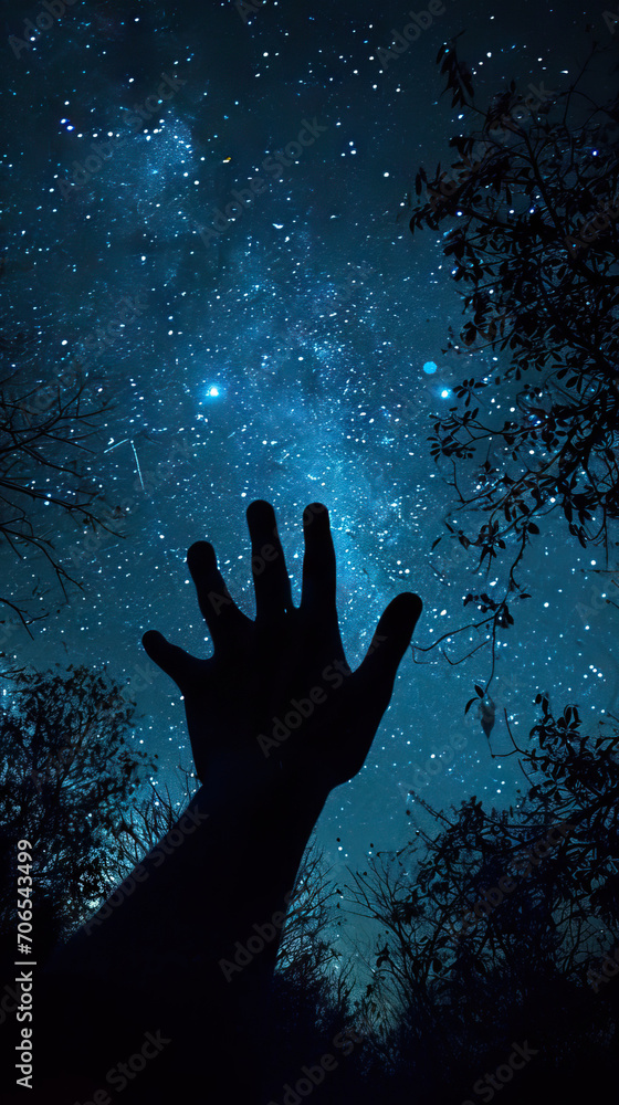 Hand Silhouetted Against the Night Sky, Reaching Upward Amidst a Scattering of Stars Hand Silhouetted Against the Night Sky, Reaching Upward Amidst a Scattering of Stars