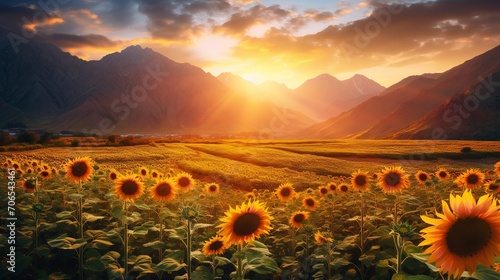 Sunflower Field Against Mountain Backdrop - AI Generated