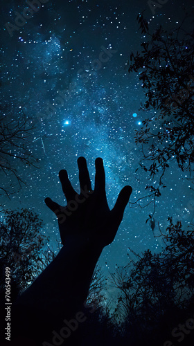 Hand Silhouetted Against the Night Sky, Reaching Upward Amidst a Scattering of Stars