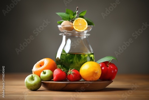 Fresh fruits and vegetables in glass jar on wooden table over gray background