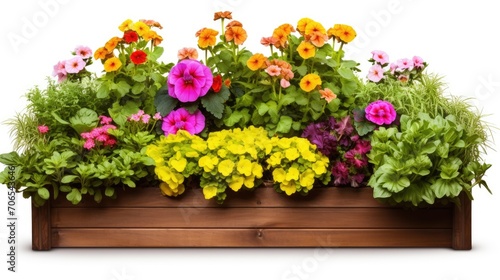 Capture a product photo of a wooden raised garden bed filled with vibrant and lush plants. The wood should have a natural finish  showcasing its grain and texture.