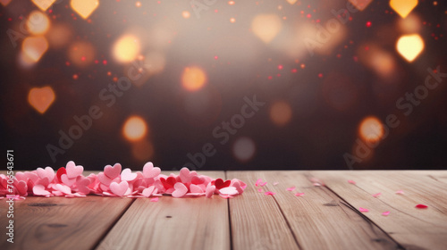 valentines day background with hearts on wooden table and bokeh lights.
