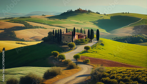 Tuscany countryside rolling hills, summer farmland and road, Ai generated image photo
