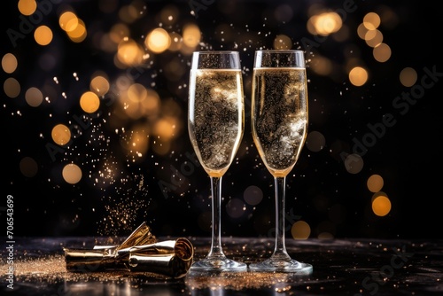 Capture the moment of pouring champagne into stylish glasses against the backdrop of New Year's Eve, when the sky is lit up by bright fireworks.