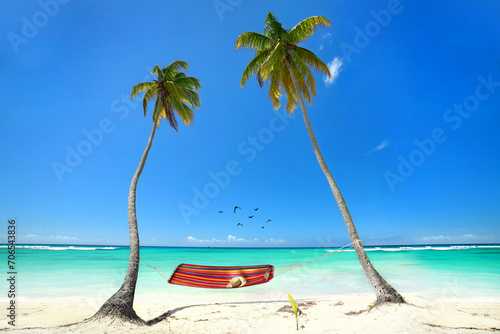 tropischer Strand mit Palmen und H  ngematte