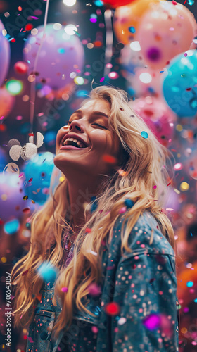 Energetic Blonde Woman Amidst Celebration: Surrounded by Festive Balloons and Confetti, Radiating Joy