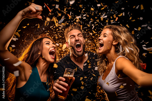 Junge Frauen mit einem Mann feiern im Nachtclub. Konfetti fliegen in die Luft. photo