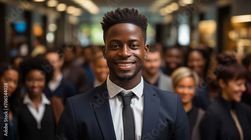 Portrait d'un jeune cadre, consultant ou exécutif souriant devant une foule de travailleurs et managers de son entreprise photo
