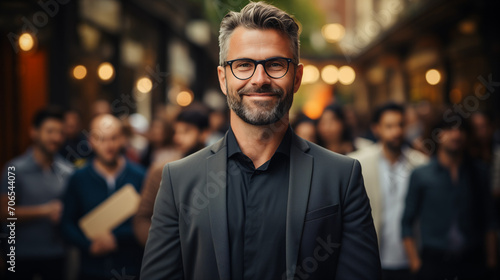 Portrait d'un cadre expérimenté, consultant senior ou manageur souriant lors d'une conférence, d'un afterwork, d'une assemblée d'entreprise ou d'une formation à l'extérieur