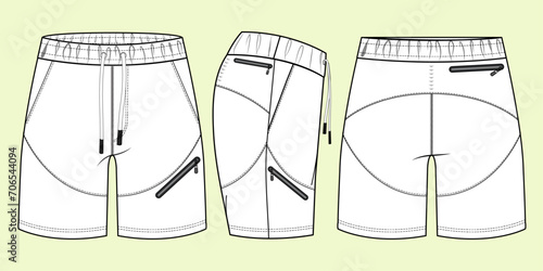 Performance Running Activewear Shorts- Shorts technical fashion illustration. Flat apparel shorts template front, back and side view sketch.