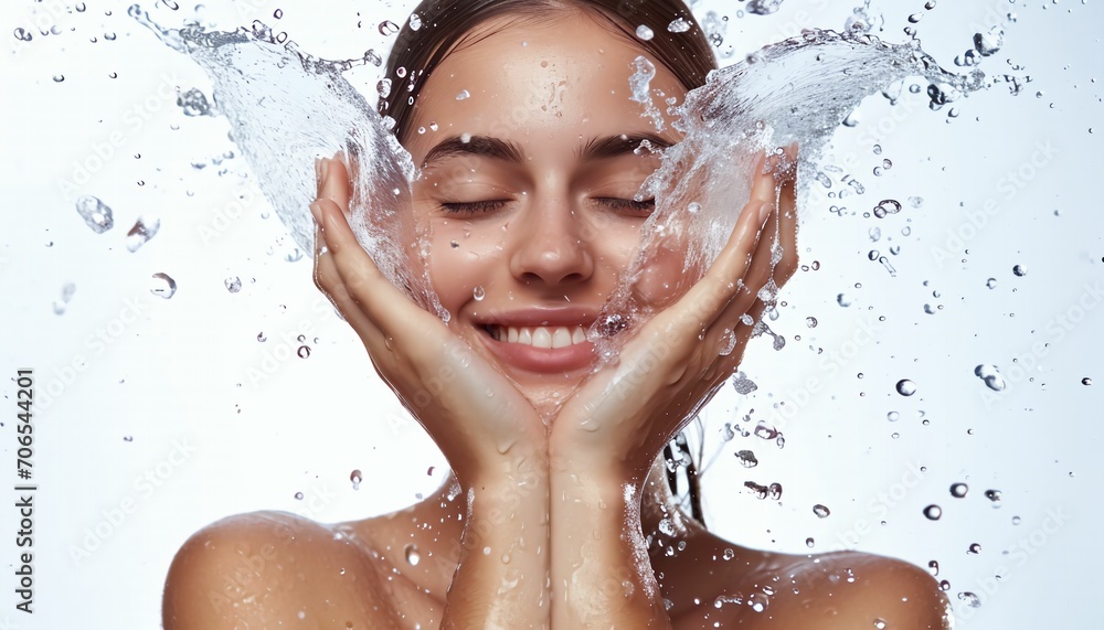 Woman with splashes of water in her hands on white background.