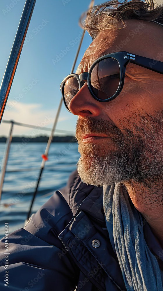 Man Sailing a Boat in Summer: A Close-Up Portrait capturing the Spirit of Adventure Man Sailing a Boat in Summer: A Close-Up Portrait capturing the Spirit of Adventure