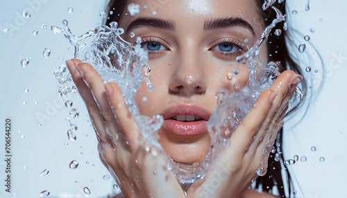 Woman with splashes of water in her hands on white background.