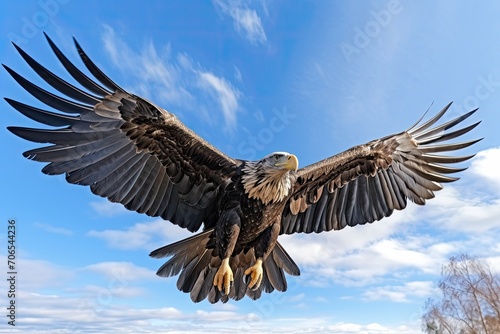 Create a realistic image of an eagle in flight, seen from below, with blue sky around. © sambath