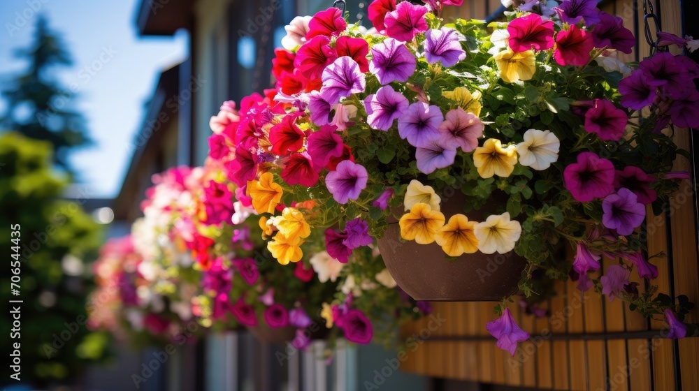 Different colorful flowers in hanging baskets in West Seattle, Washington.