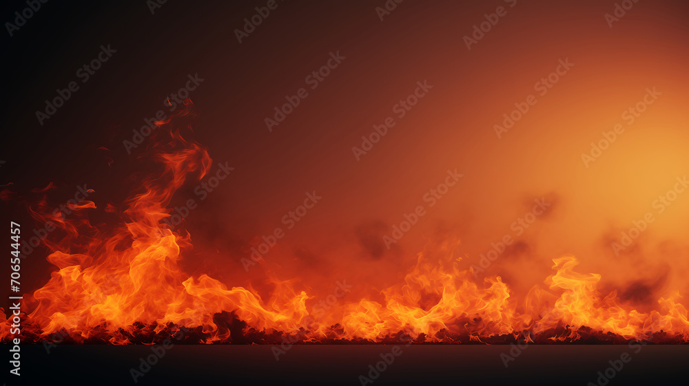 Intenso incêndio com fogo ardente, variações de laranja e vermelho, fumaça subindo, criando um fundo sombrio.