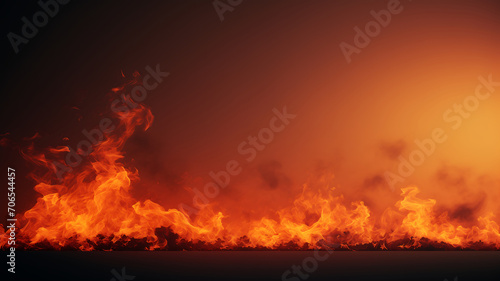 Intenso incêndio com fogo ardente, variações de laranja e vermelho, fumaça subindo, criando um fundo sombrio.