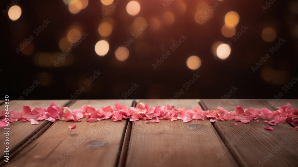 Wooden table with pink rose petals on bokeh background. - obrazy, fototapety, plakaty 
