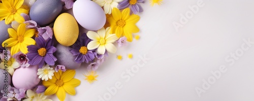 Easter banner with multicolored eggs  purple daisies and yellow daffodils close up  with empty copy space Generative AI