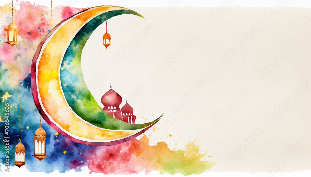 Naklejka premium Illustration of symbol of Ramadan, watercolor art style, copyspace on a side