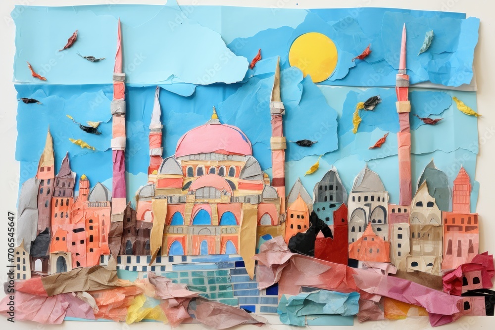 Colorful paper applique of a mosque