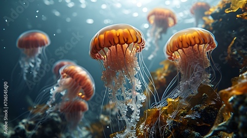 A jellyfish in the sea, a world under water. marine life. 
