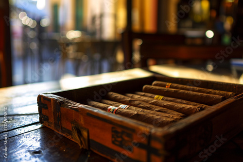 Box of cuban cigars on wooden table, atmospheric light. Generative AI © marcin jucha