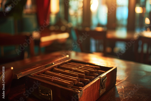 Box of cuban cigars on wooden table, atmospheric light. Generative AI © marcin jucha