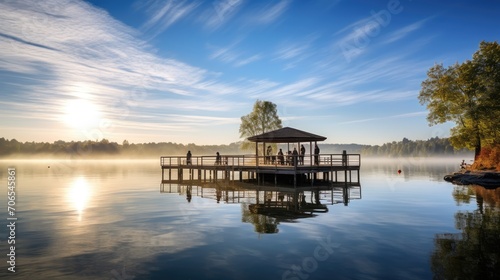 Lake viewing platform, wake up in the morning: In the early morning, the sun shines on the lake, 