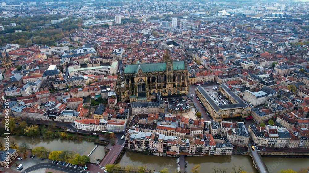 Aerial around the city Metz in France on a sunny noon in later fall.