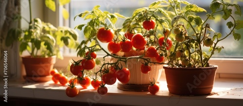 Apartment's windowsill pot with cherry tomatoes.