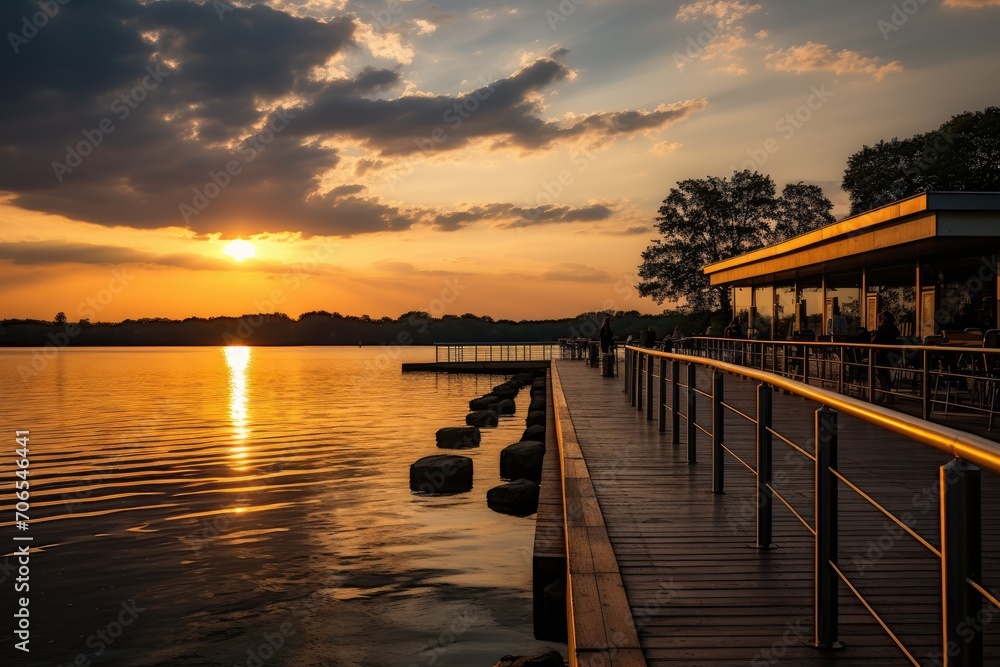 On the lake viewing platform, the heat wave is even hotter at dusk, and the sunset on the lake is particularly beautiful, 